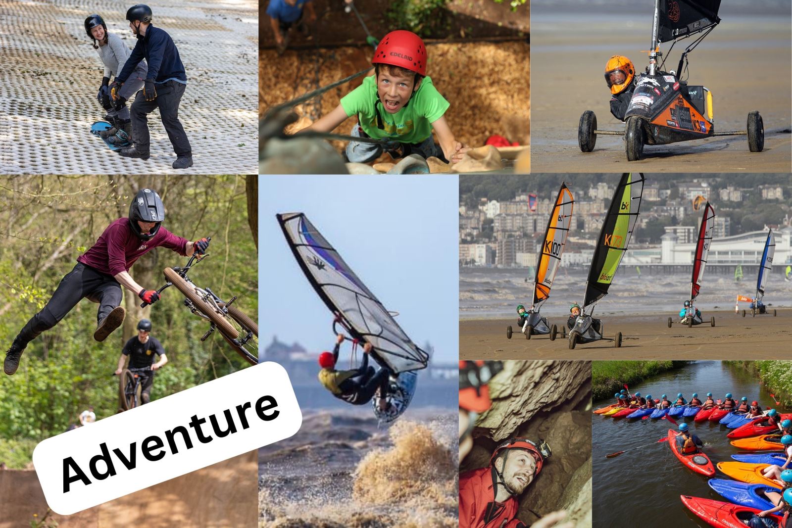 A collage of people engaged in adventurous activities